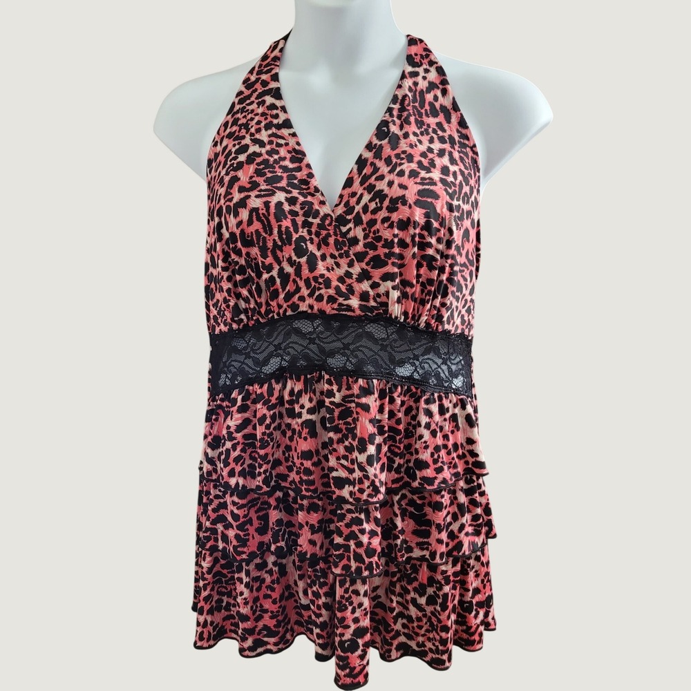 Pink Leopard Print Halter Top Lace Waist Ruffle Tiered Hem Animal Print plus 2X